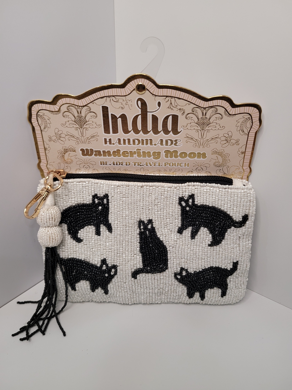 Made In India Handmade White Beaded Cat Wallet Pouch